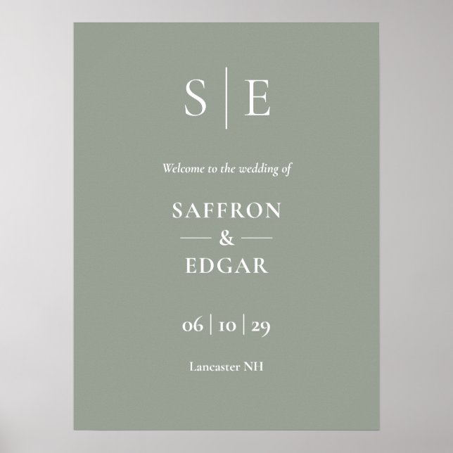 Sage Green And Gold Monogram Wedding Welcome Sign (Front)