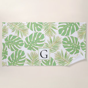 Sage green and gold tropical leaves and monogram beach towel