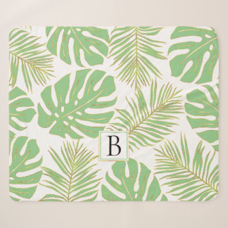 Sage green and gold tropical leaves and monogram sherpa blanket