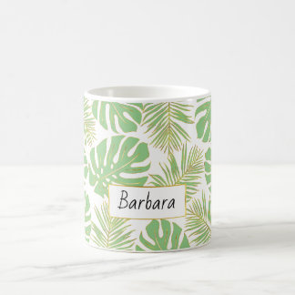 Sage green and gold tropical leaves and name coffee mug