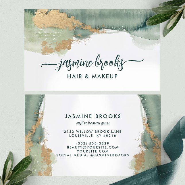 Sage Green and Gold Watercolor  Business Card (Creator Uploaded)