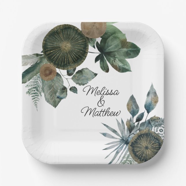 Sage green and gold wedding, engagement, couple paper plate (Front)
