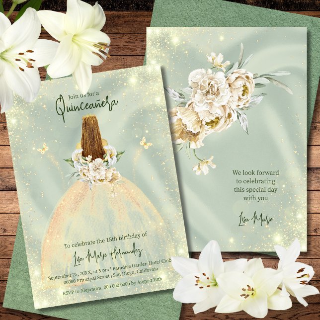 Sage Green And Golden Rose Elegant Quinceañera Invitation (Creator Uploaded)