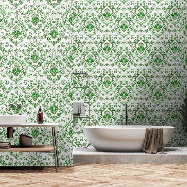Sage Green and Green Damask Floral peel and stick Wallpaper (Bathroom)