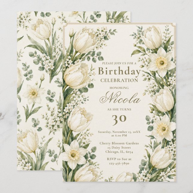 Sage Green and Ivory Birthday Invitation (Front/Back)