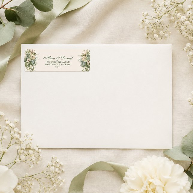 Sage Green and Ivory Flowers Wedding Address (Boho Sage Green and Ivory Flowers Wedding Address Label with flowers)