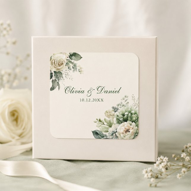 Sage Green and Ivory Flowers Wedding Square Sticker (Boho Sage Green and Ivory Flowers Wedding Square Sticker )