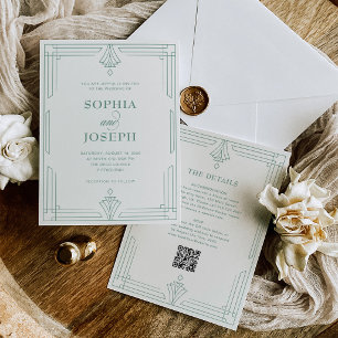 Sage Green and Ivory QR Code All in One Wedding Invitation