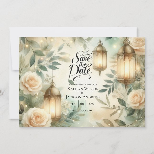 Sage Green and Ivory Rose Lantern Save the Date (Front)