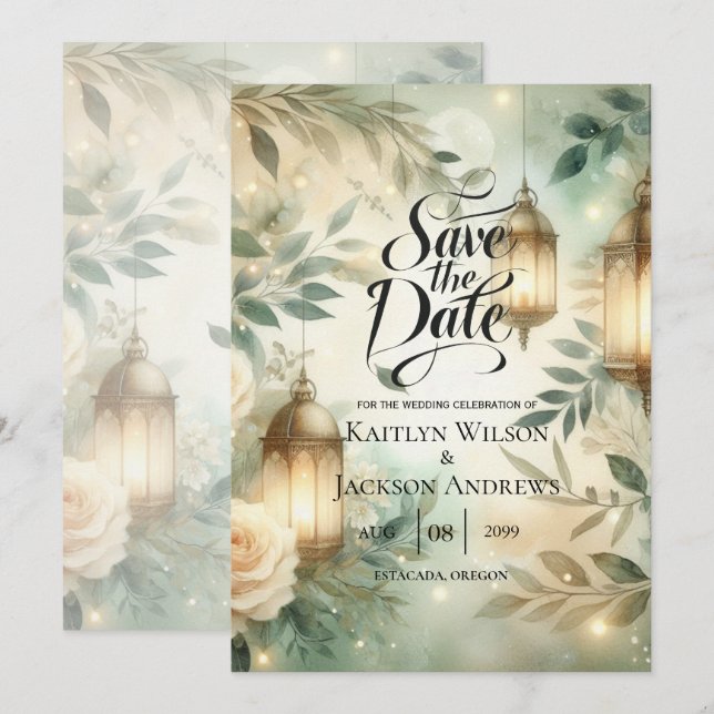 Sage Green and Ivory Rose Lantern Save the Date (Front/Back)