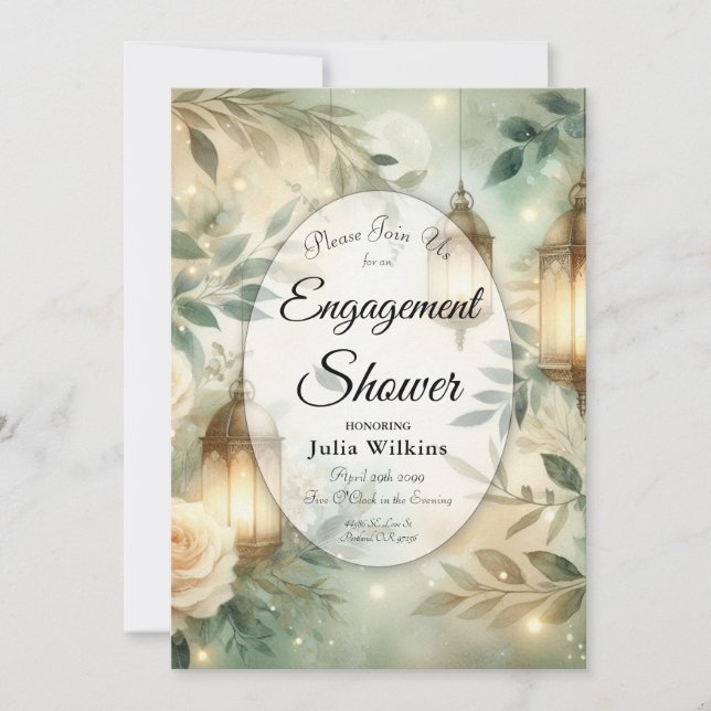 Sage Green and Ivory Rose Lantern Shower Invitation (Front)