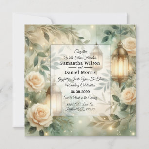 Sage Green and Ivory Rose Lantern Wedding Invitation