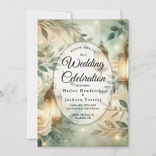 Sage Green and Ivory Rose Lantern Wedding Invitation