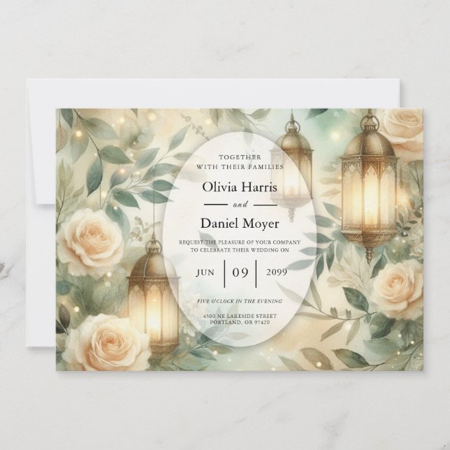 Sage Green and Ivory Rose Lantern Wedding  Invitation (Front)
