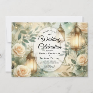 Sage Green and Ivory Rose Lantern Wedding  Invitation