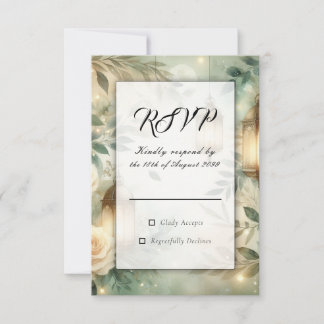 Sage Green and Ivory Rose Lantern Wedding RSVP Card