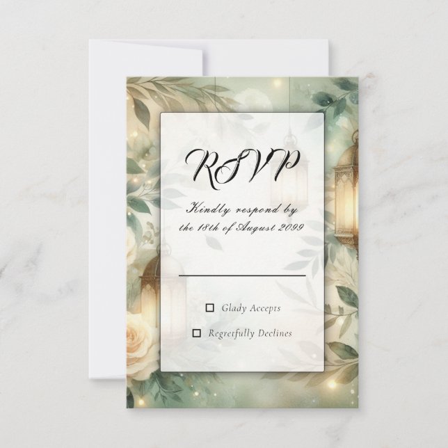 Sage Green and Ivory Rose Lantern Wedding RSVP Card (Front)