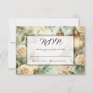 Sage Green and Ivory Rose Lantern Wedding  RSVP Card