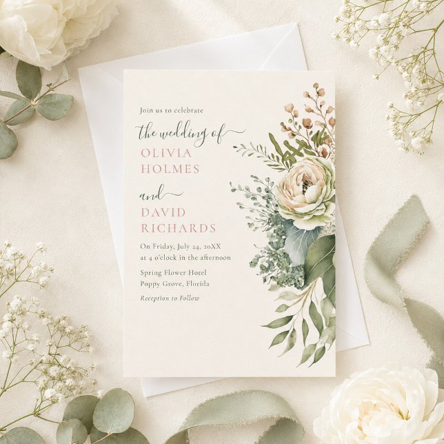 Sage Green and Ivory Widlflowers Wedding Invitation (Boho Sage Green and Ivory Widlflowers Wedding Invitation on a table with white flowers and ribbons)