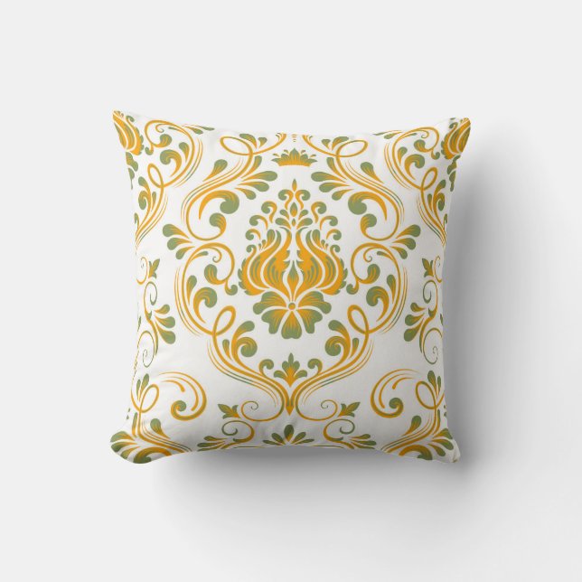 Sage Green and Orange Damask Floral Pattern  Cushion (Front)