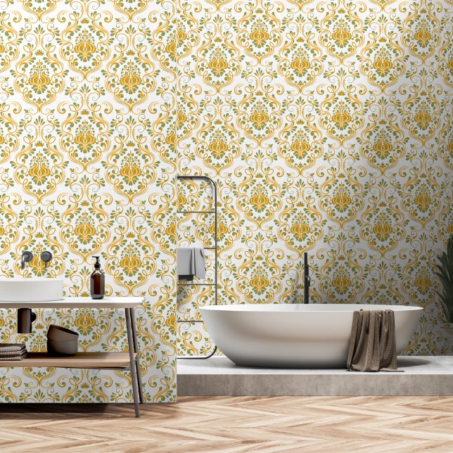Sage Green and Orange Damask Floral peel and stick Wallpaper (Bathroom)