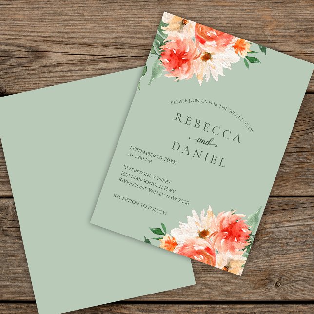 Sage Green and Orange Floral Boho Wedding Invitation (Creator Uploaded)