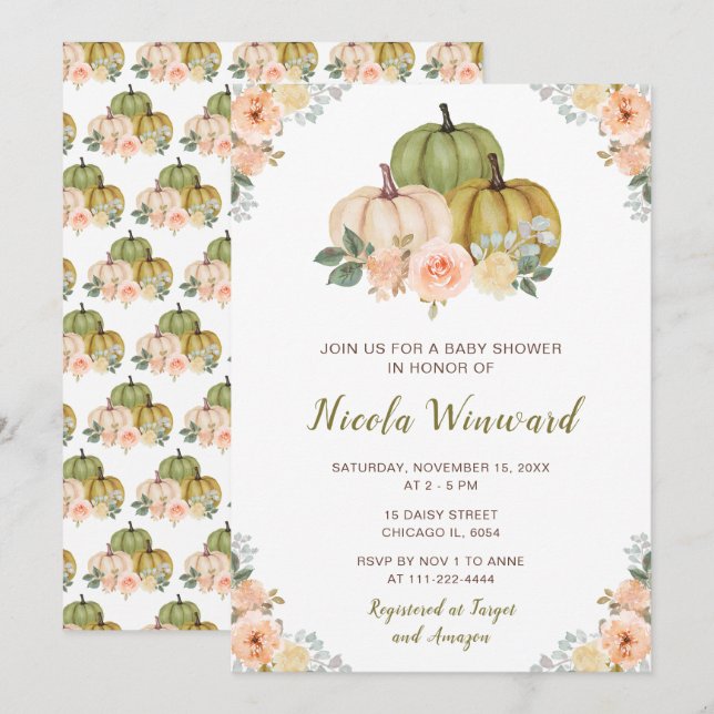 Sage Green and Peach Floral Pumpkins Baby Shower Invitation (Front/Back)