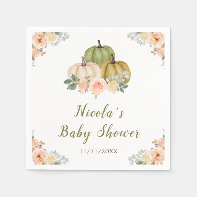 Sage Green and Peach Floral Pumpkins Baby Shower Napkin (Front)