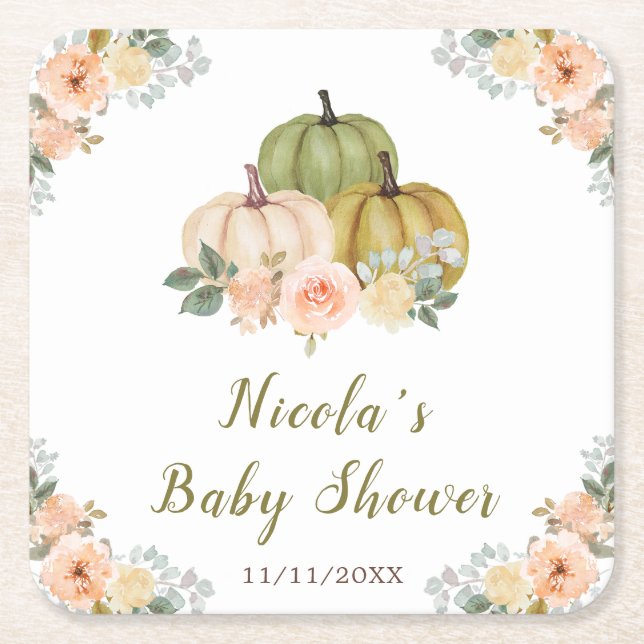 Sage Green and Peach Floral Pumpkins Baby Shower Square Paper Coaster (Front)