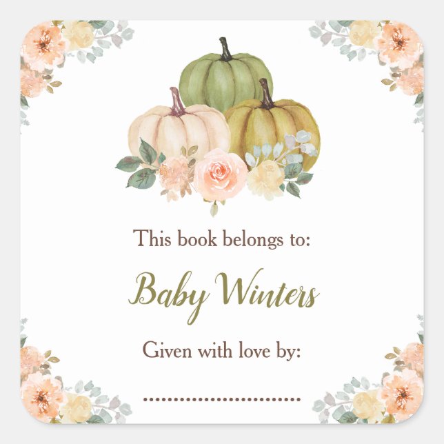 Sage Green and Peach Floral Pumpkins Baby Shower Square Sticker (Front)