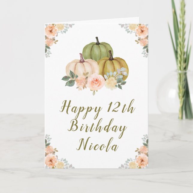 Sage Green and Peach Floral Pumpkins Birthday Card (Front)