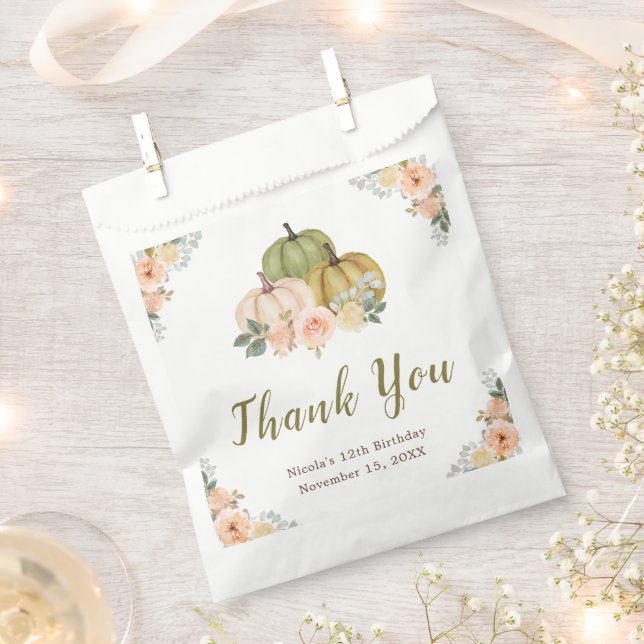 Sage Green and Peach Floral Pumpkins Birthday Favour Bags (Clipped)