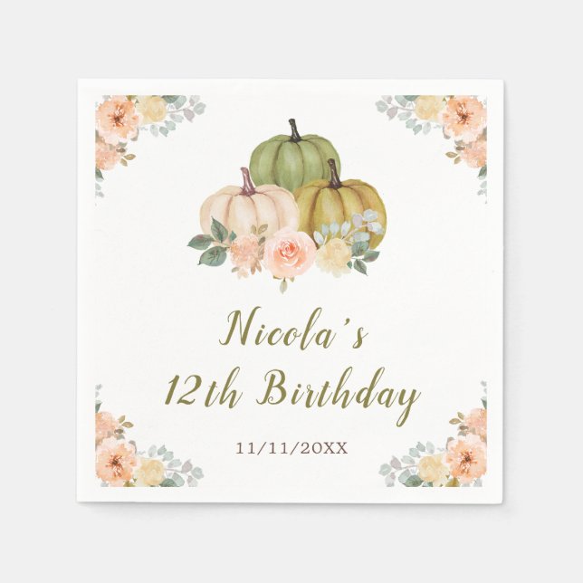 Sage Green and Peach Floral Pumpkins Birthday Napkin (Front)