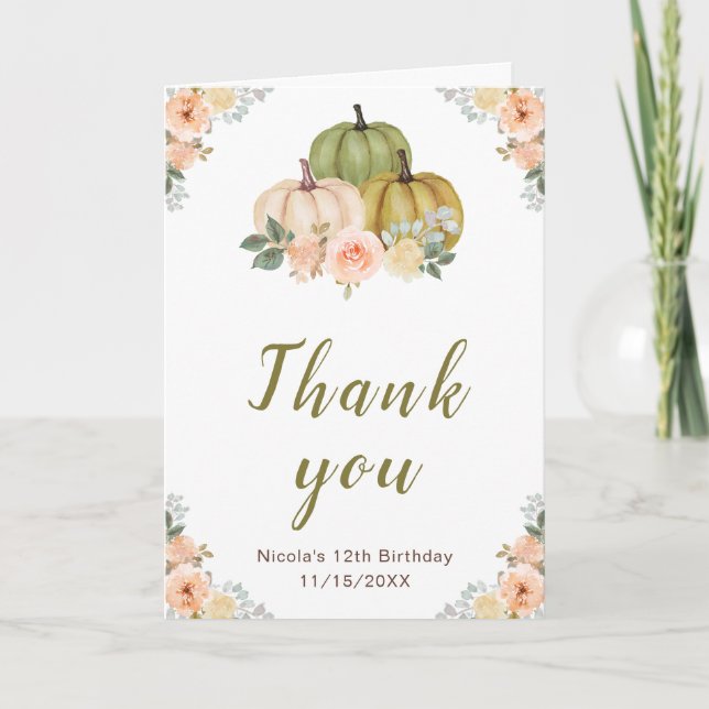 Sage Green and Peach Floral Pumpkins Birthday Thank You Card (Front)