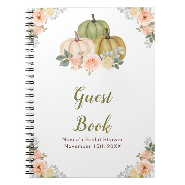 Sage Green and Peach Floral Pumpkins Bridal Shower Notebook (Front)
