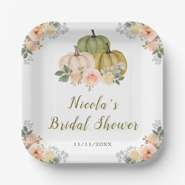 Sage Green and Peach Floral Pumpkins Bridal Shower Paper Plate (Front)