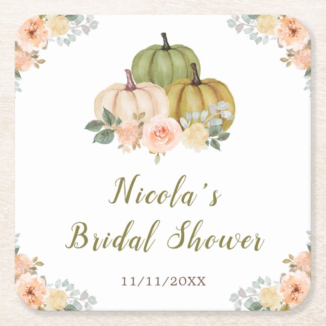 Sage Green and Peach Floral Pumpkins Bridal Shower Square Paper Coaster (Front)