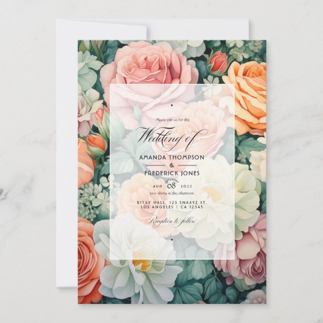 Sage Green and Peach Floral Wedding Invitation (Front)