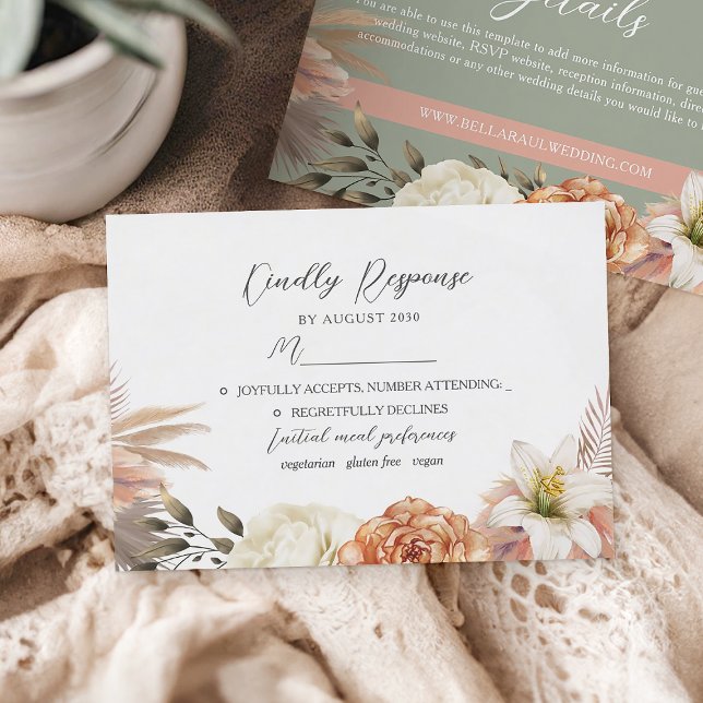 Sage Green and Peach Floral Wedding RSVP Card (Creator Uploaded)