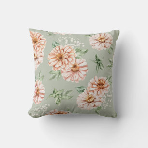 Sage Green and Peach Watercolor Zinnia Pillow