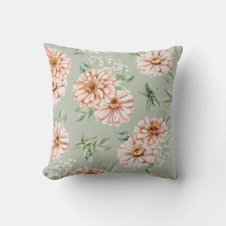Sage Green and Peach Watercolor Zinnia Pillow