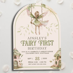 Sage Green and Pink Fairy First Arch 1st Birthday Invitation
