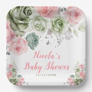 Sage Green and Pink Floral Baby Shower Paper Plate