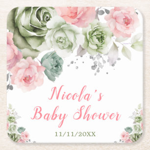 Sage Green and Pink Floral Baby Shower Square Paper Coaster