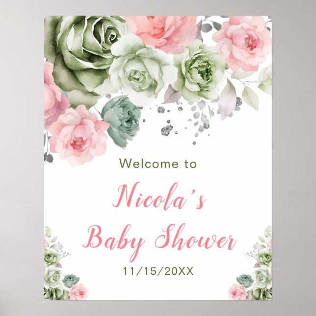 Sage Green and Pink Floral Baby Shower Welcome Poster (Front)