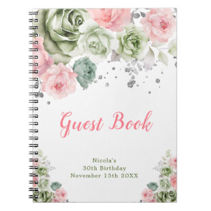Sage Green and Pink Floral Birthday Guest Book