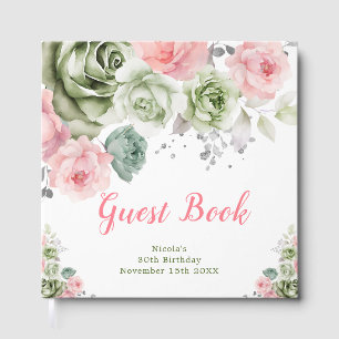 Sage Green and Pink Floral Birthday Party Guest Book