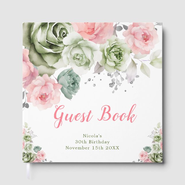 Sage Green and Pink Floral Birthday Party Guest Book (Front)