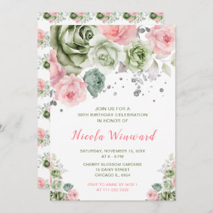 Sage Green and Pink Floral Birthday Party Invitation