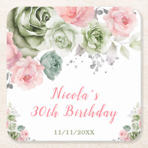 Sage Green and Pink Floral Birthday Square Paper Coaster